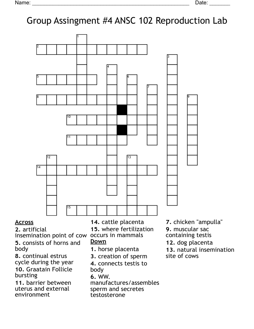 Group Assingment #4 ANSC 102 Reproduction Lab Crossword