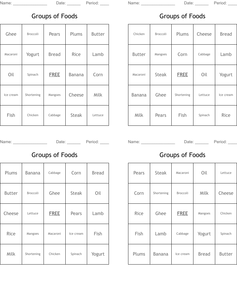 Groups of Foods Bingo Cards