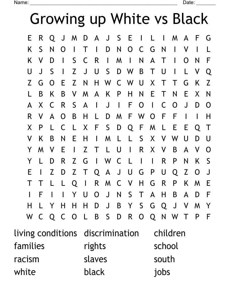 Growing up White vs Black Word Search