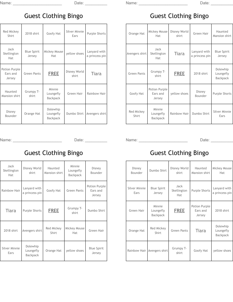 Guest Clothing Bingo