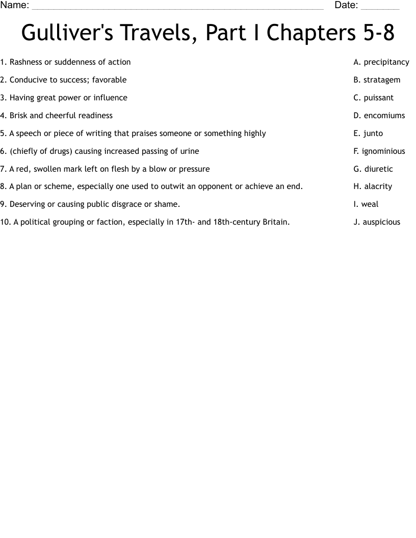 Gulliver's Travels, Part I Chapters 5-8 Worksheet
