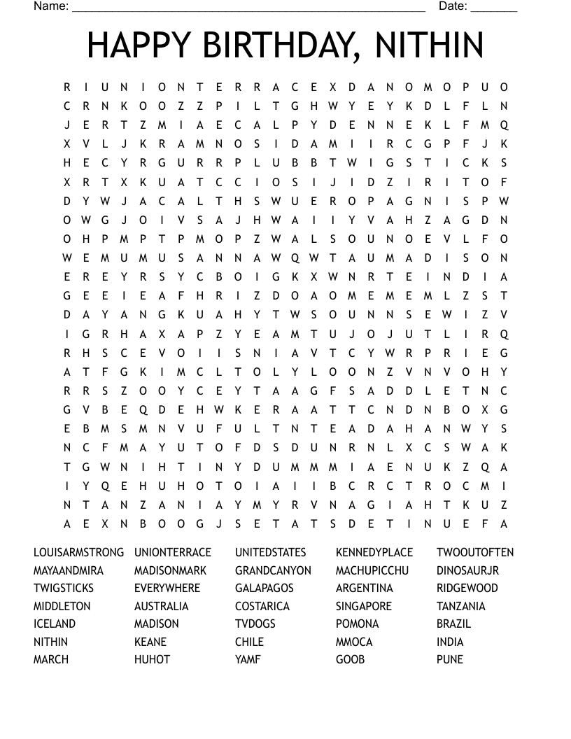 HAPPY BIRTHDAY, NITHIN Word Search