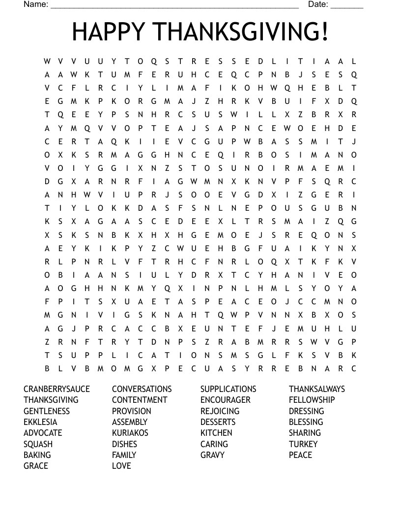HAPPY THANKSGIVING! Word Search