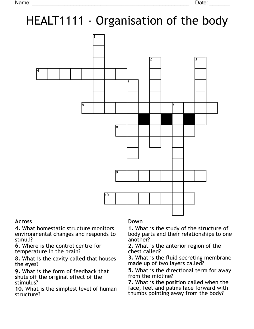 HEALT1111 Organisation of the body Crossword WordMint