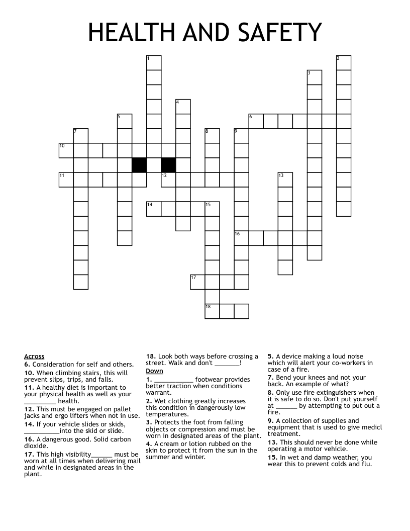 HEALTH AND SAFETY Crossword