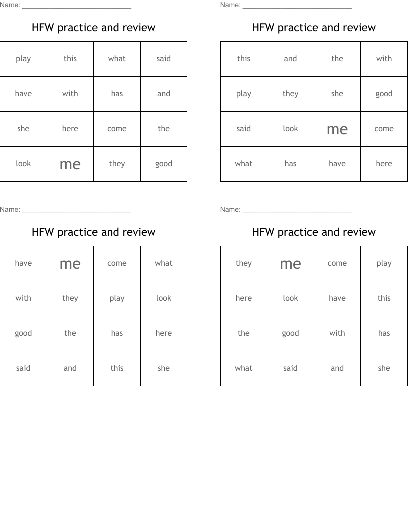 HFW practice and review Bingo Cards