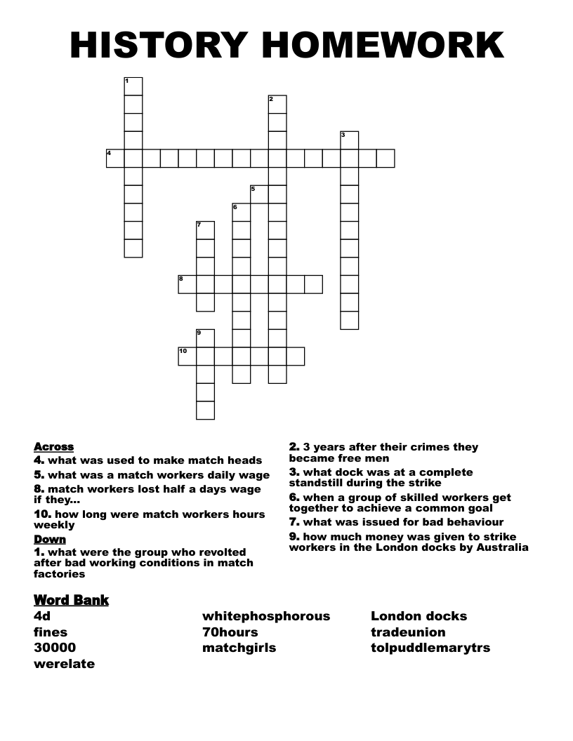 HISTORY HOMEWORK Crossword
