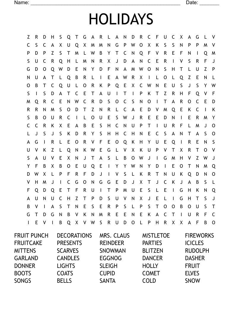 HOLIDAYS Word Search