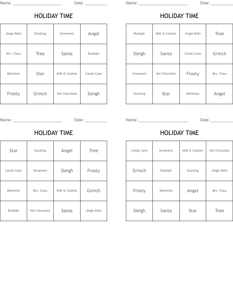 HOLIDAY TIME Bingo Cards