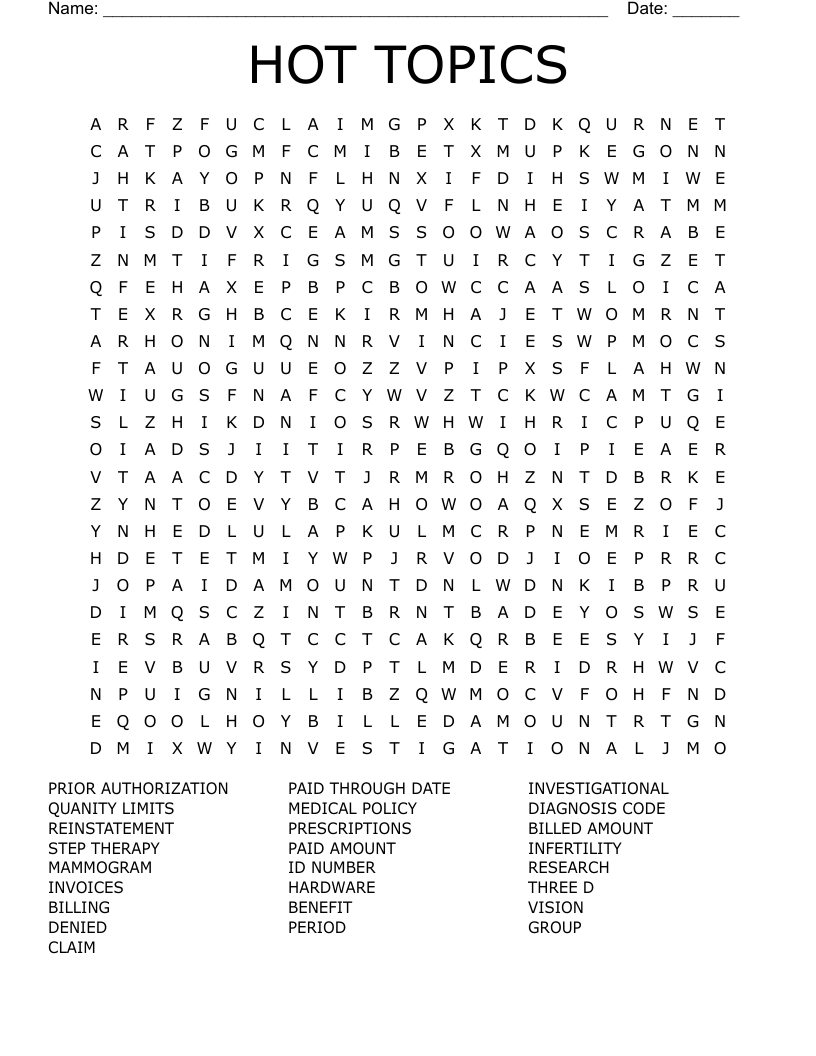 HOT TOPICS Word Search