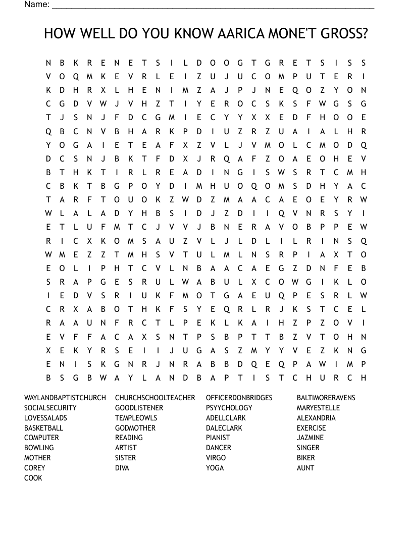 HOW WELL DO YOU KNOW AARICA MONE'T GROSS? Word Search