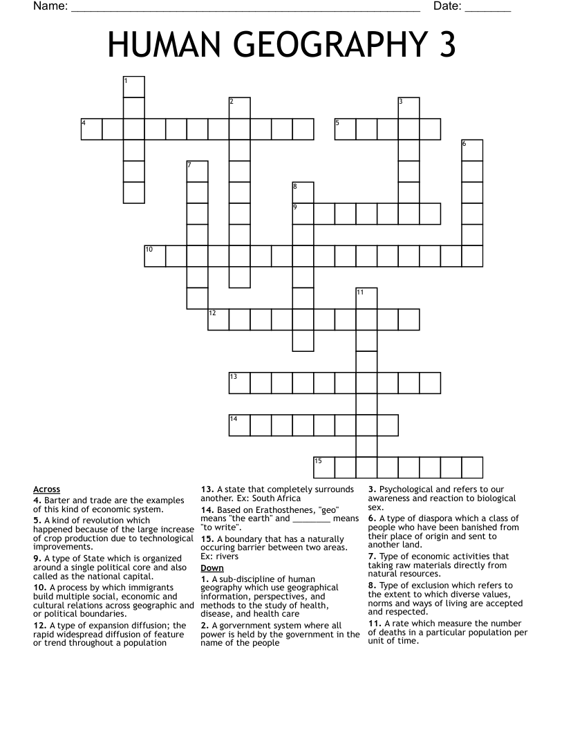 HUMAN GEOGRAPHY 3 Crossword
