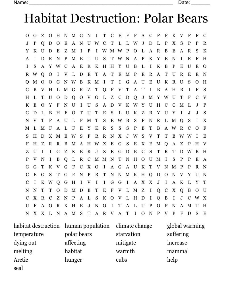 Habitat Destruction: Polar Bears Word Search
