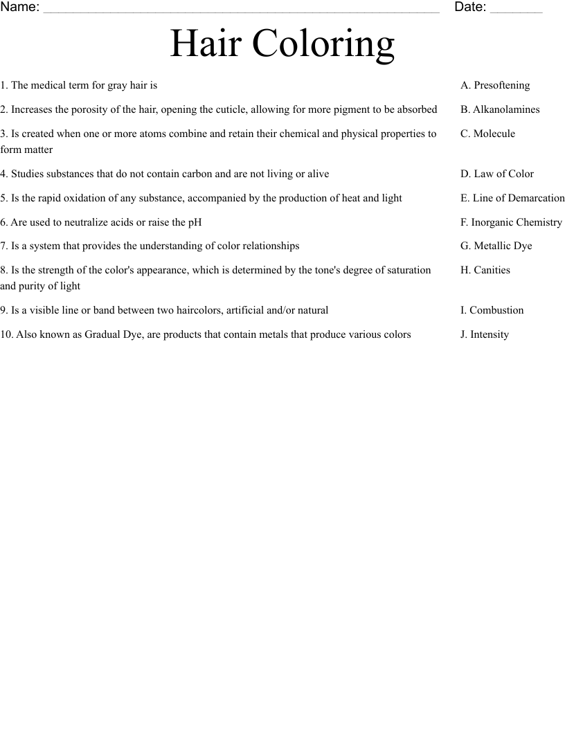Hair Coloring Worksheet - WordMint