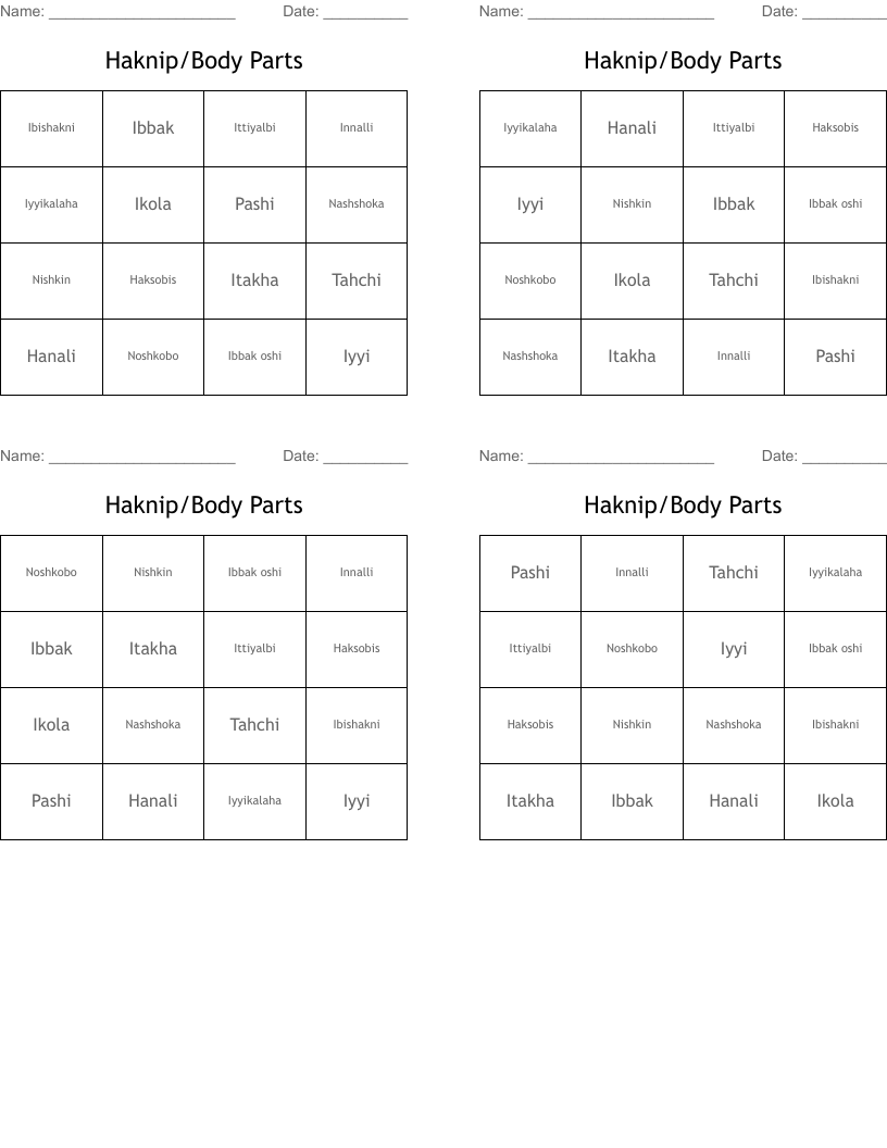 Haknip/Body Parts Bingo Cards