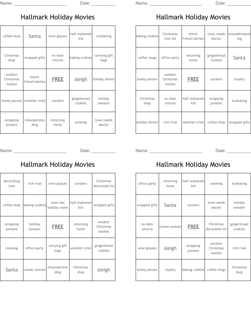 Hallmark Holiday Movies Bingo Cards