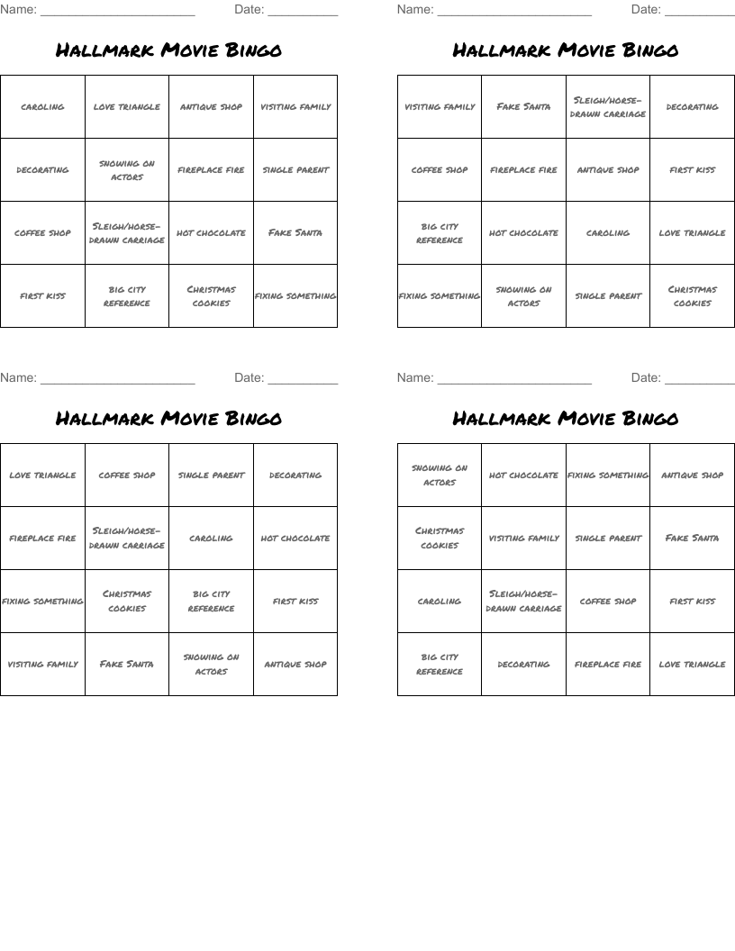 Hallmark Movie Bingo