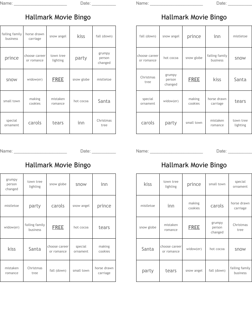 Hallmark Movie Bingo