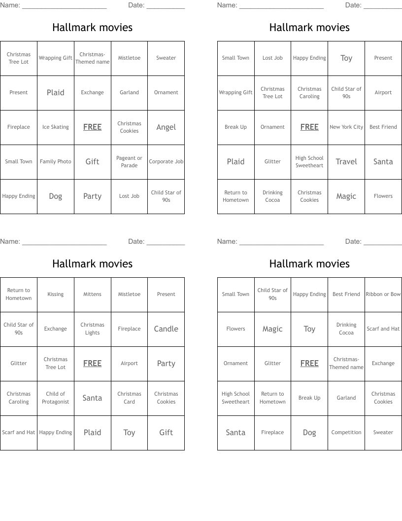 Hallmark movies Bingo Cards