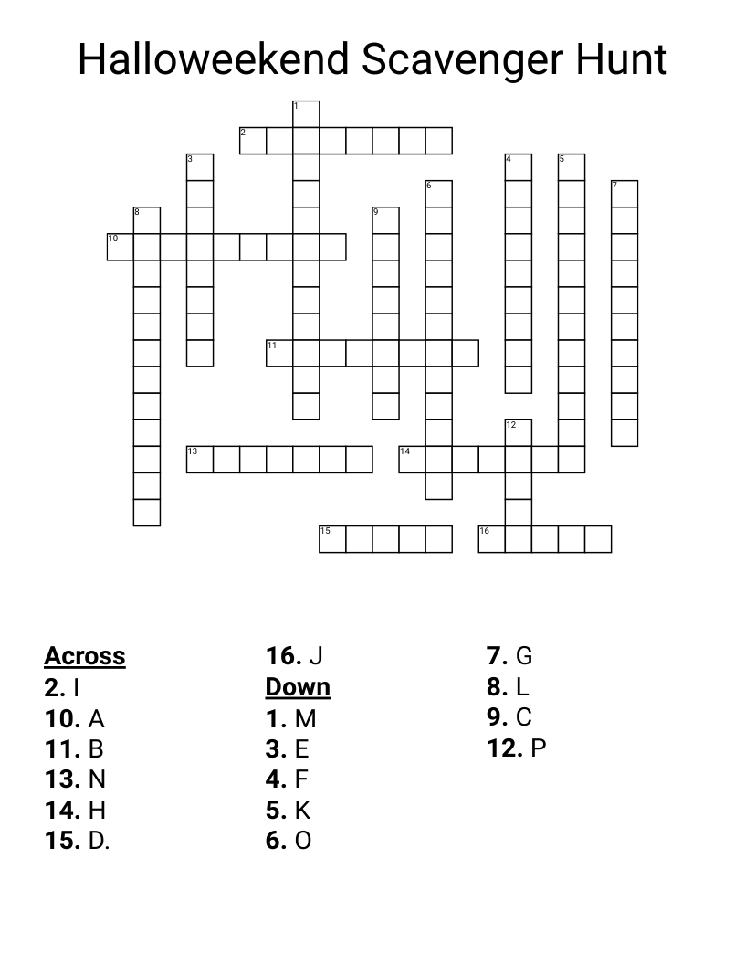 Halloweekend Scavenger Hunt Crossword