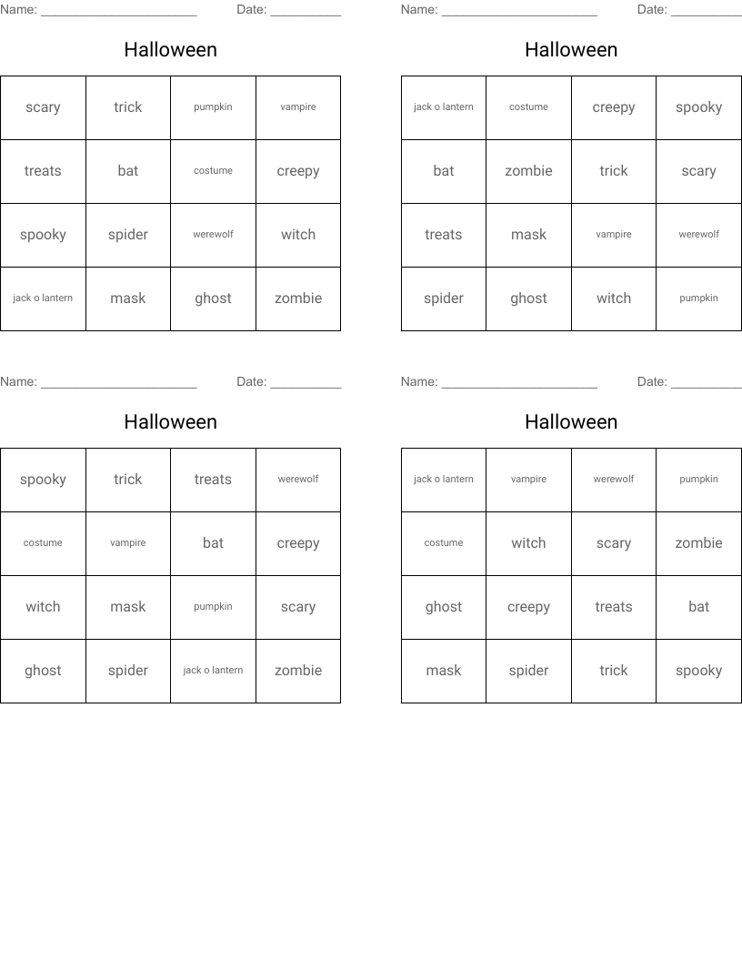 Halloween Bingo Cards