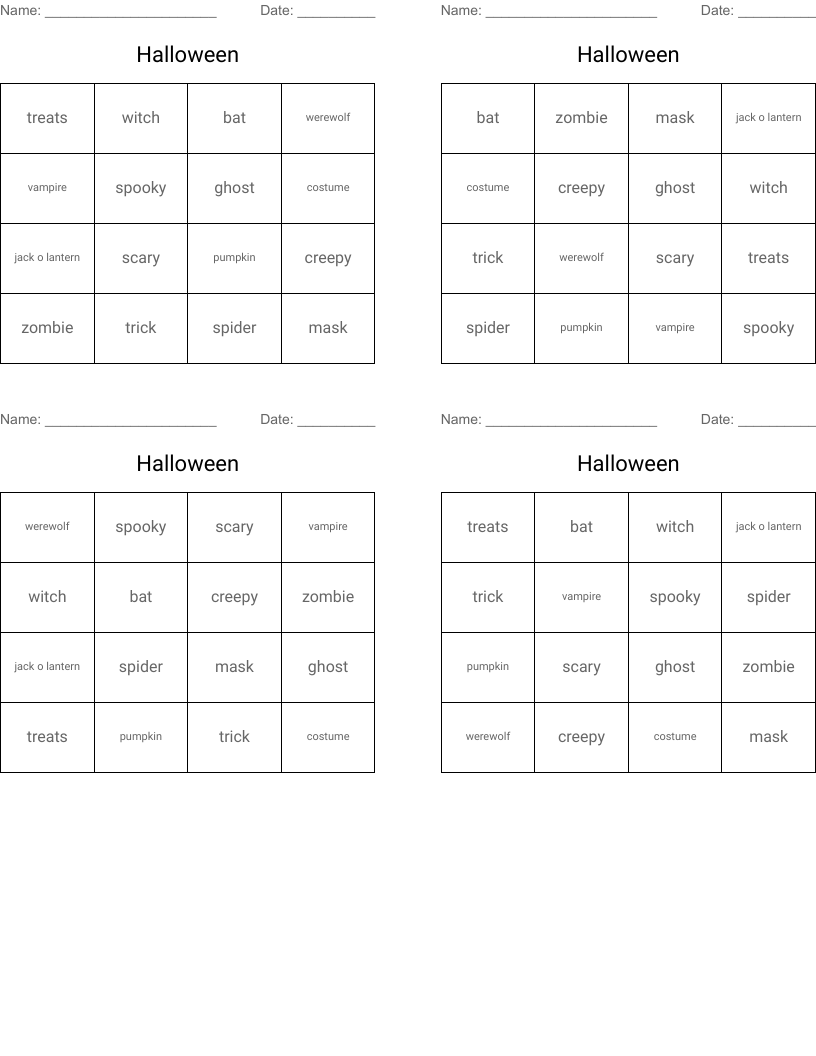 Halloween Bingo Cards