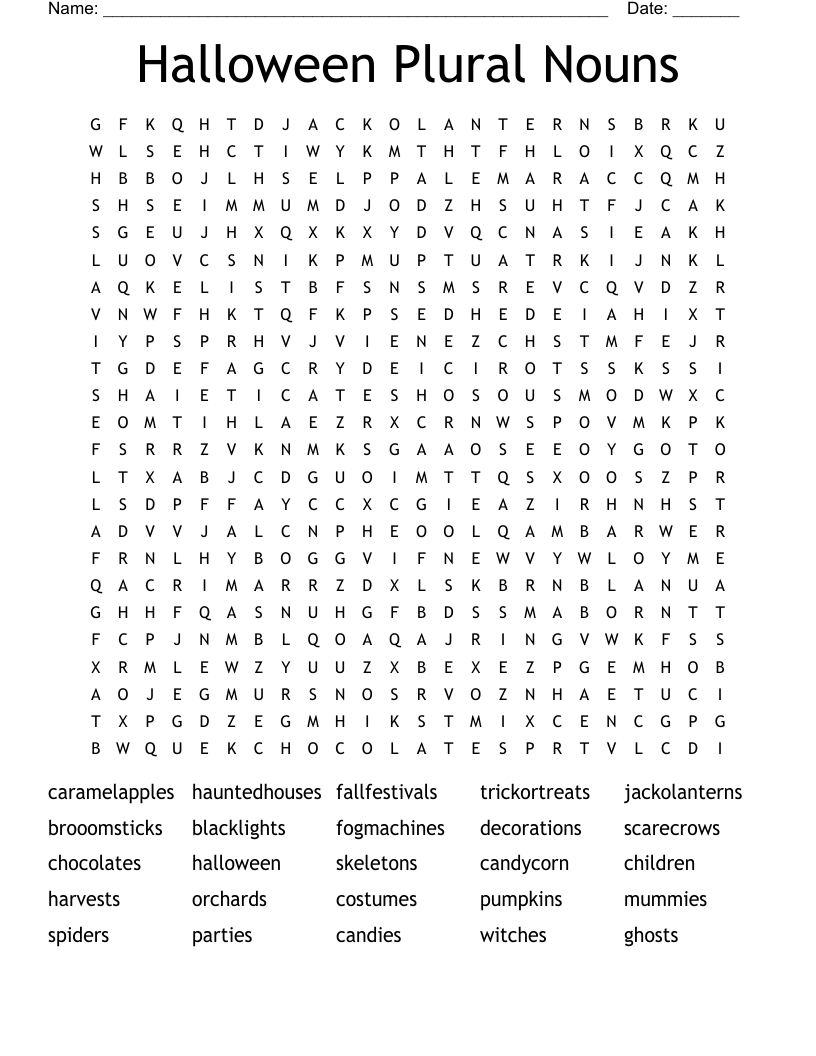 Halloween Plural Nouns  Word Search