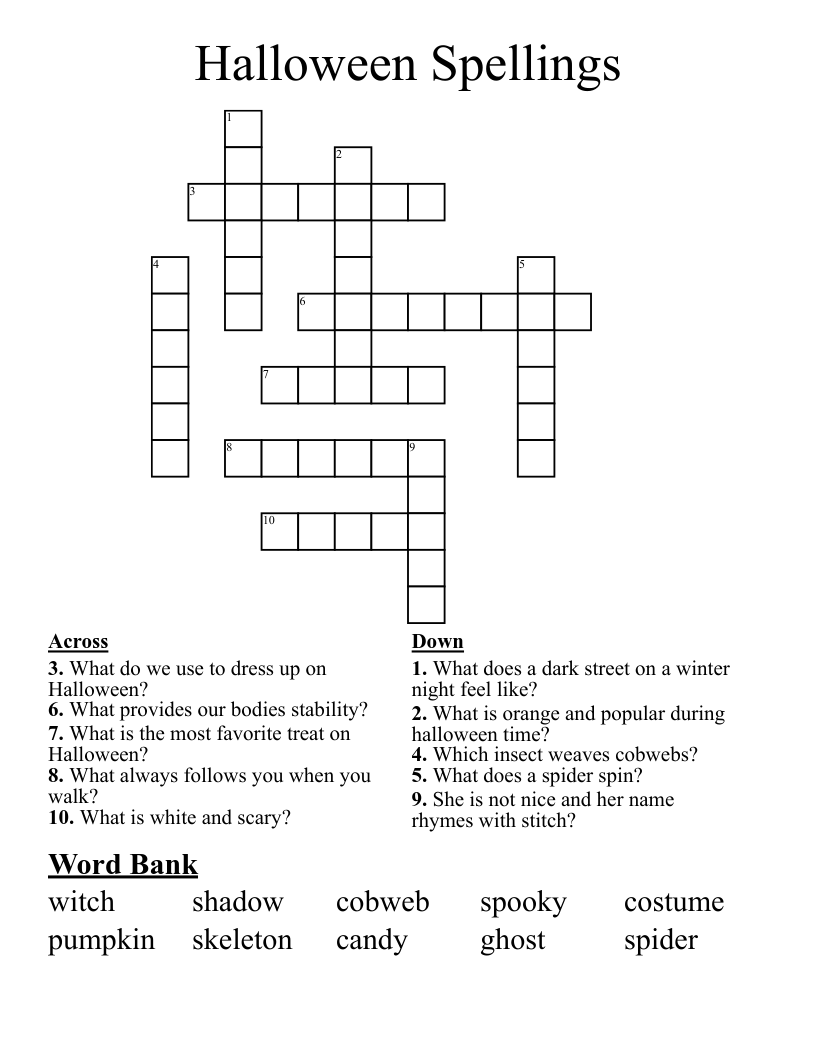 Halloween Spellings Crossword