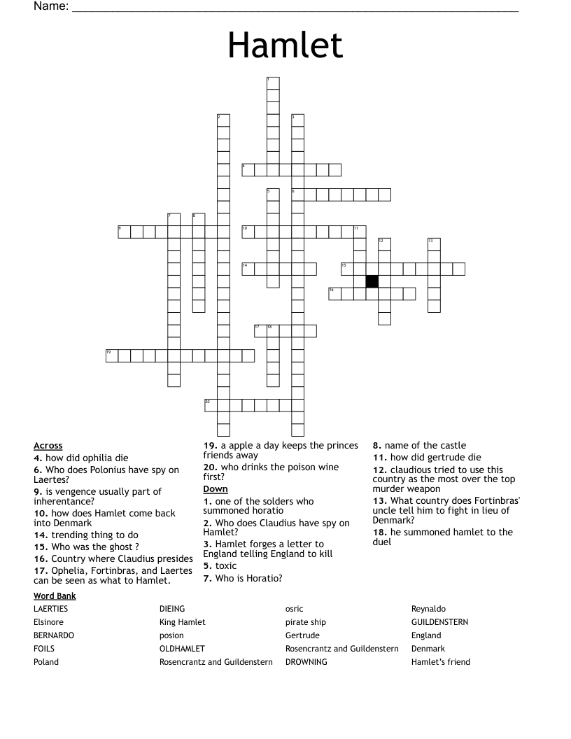 HAMLET CROSSWORD PUZZLE WordMint