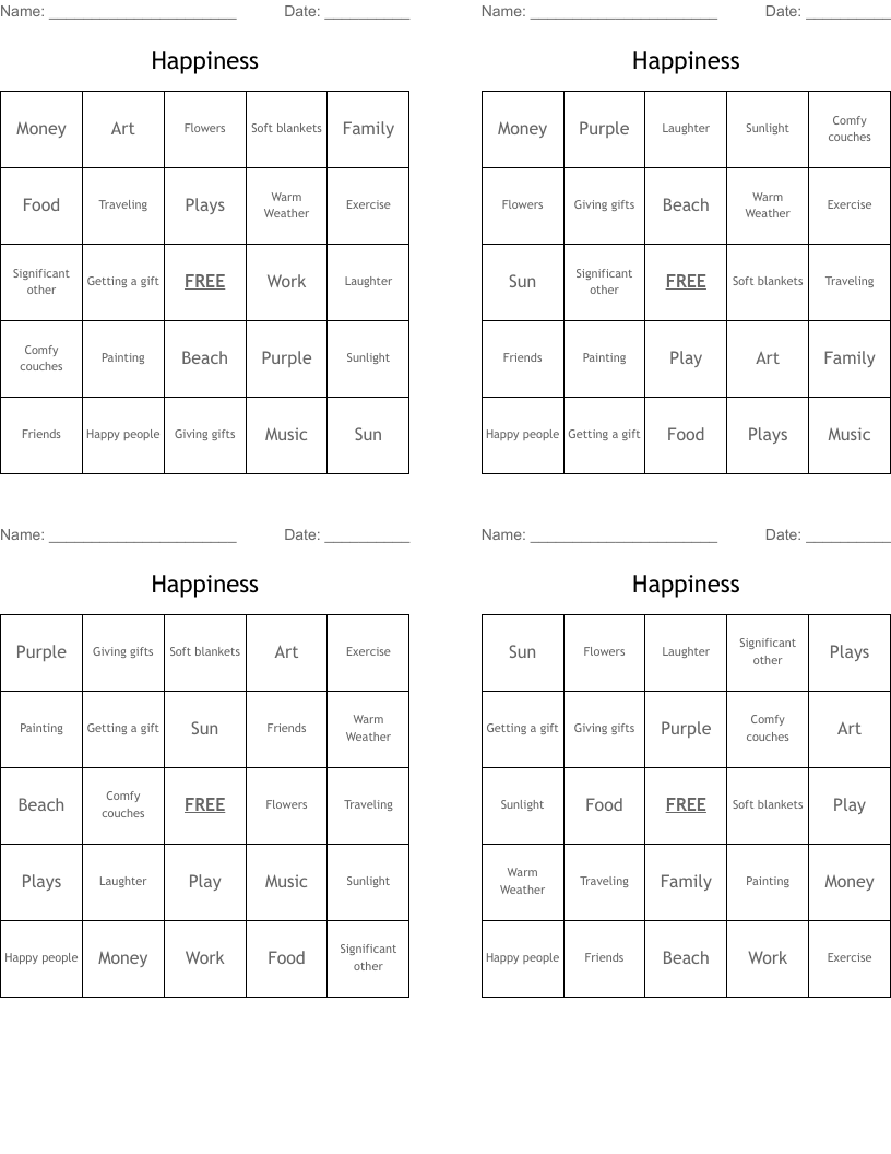 Happiness Bingo Cards