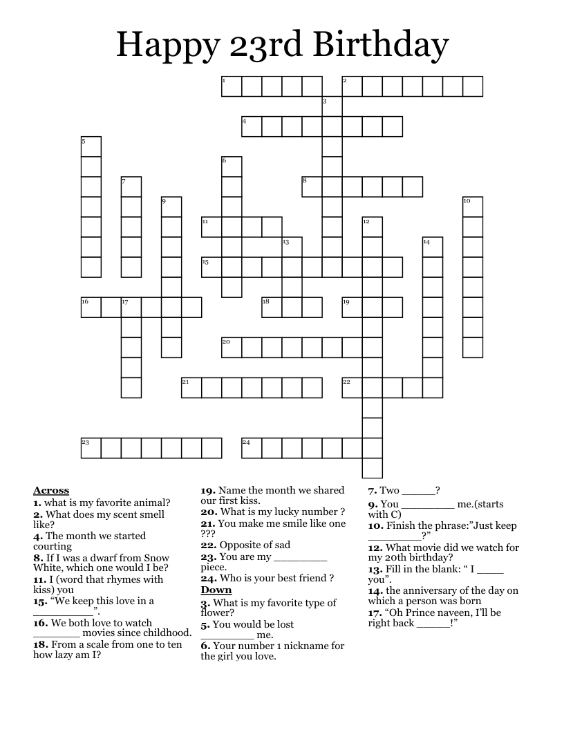 Happy 23rd Birthday Crossword