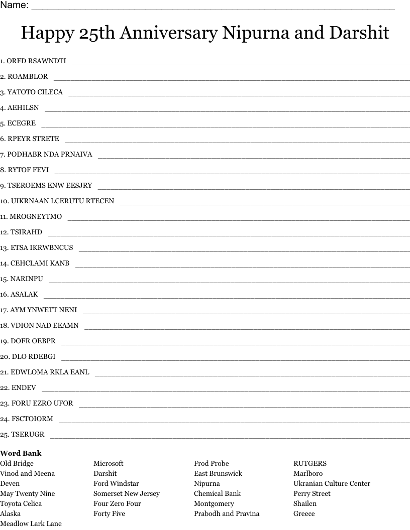 Happy 25th Anniversary Nipurna and Darshit Word Scramble
