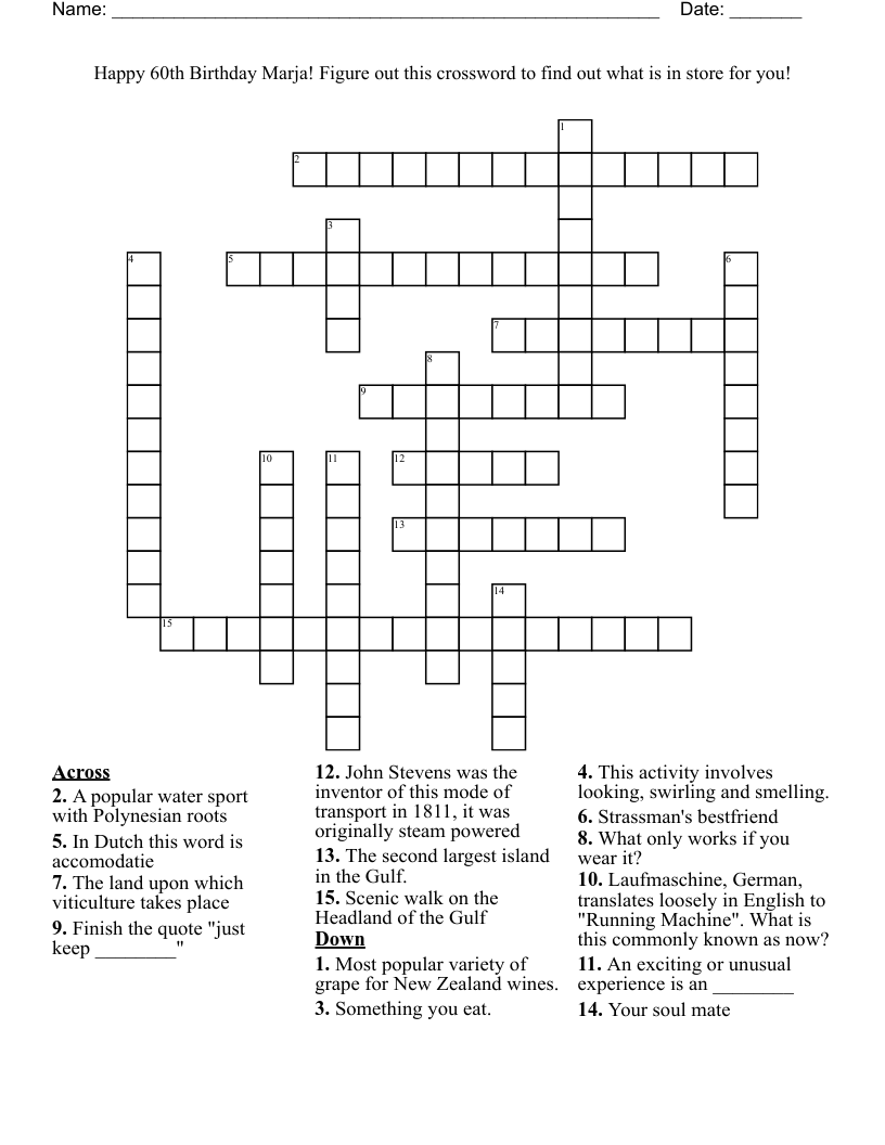 Happy 60th Birthday Marja! Figure out this crossword to find out what is in store for you! 