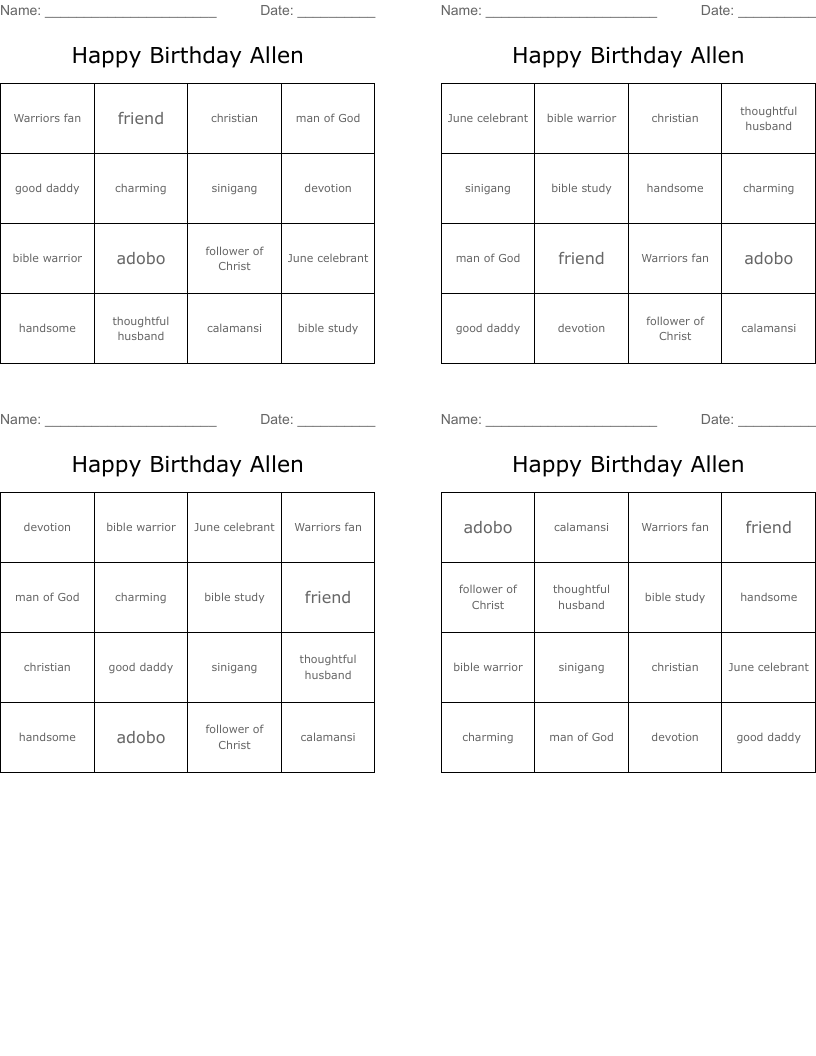 Happy Birthday Allen Bingo Cards