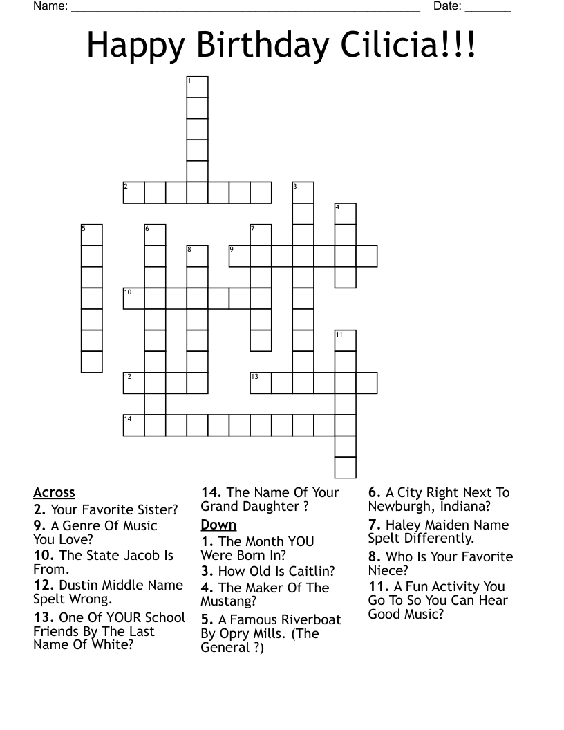 Happy Birthday Cilicia!!! Crossword - WordMint