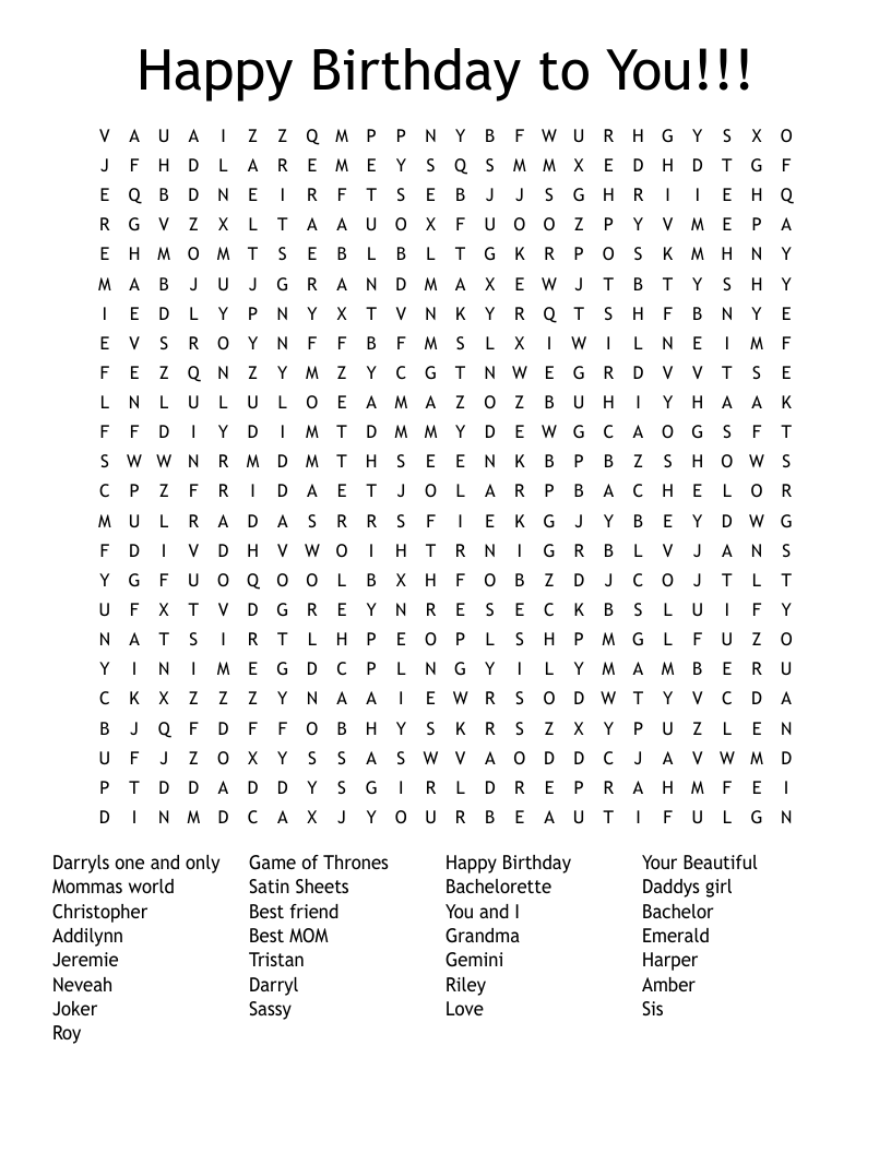 Happy Birthday to You!!! Word Search