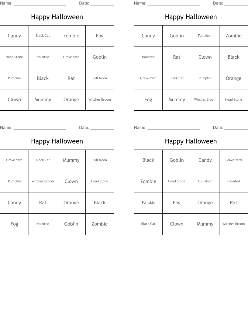 Happy Halloween Bingo Cards