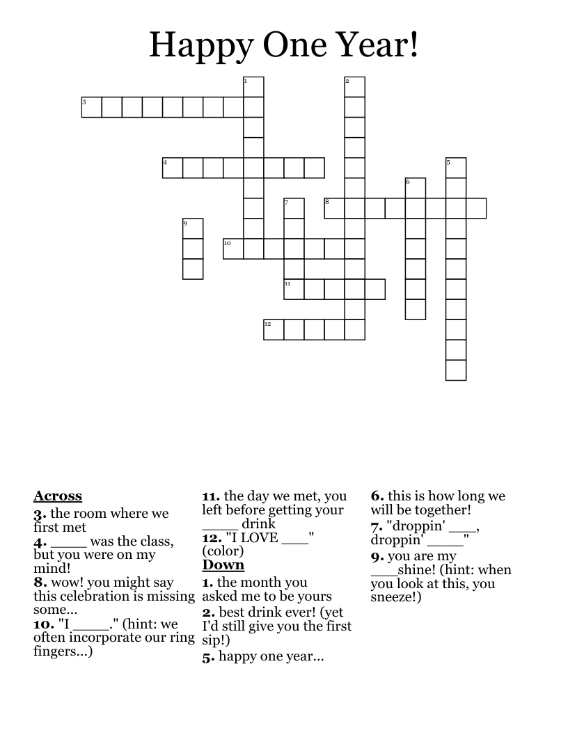 Happy One Year! Crossword