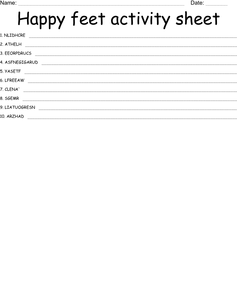 Happy feet activity sheet Word Scramble