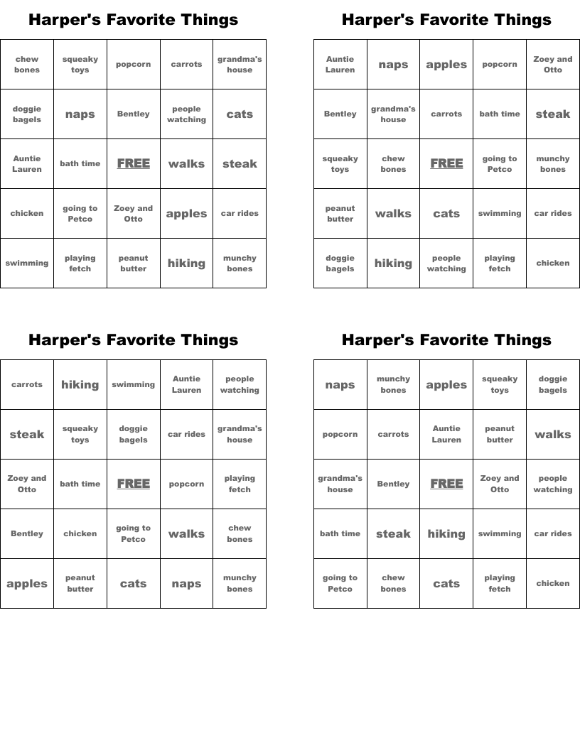 Harper's Favorite Things Bingo Cards WordMint