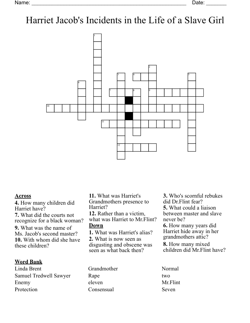 Harriet Jacob's Incidents in the Life of a Slave Girl Crossword