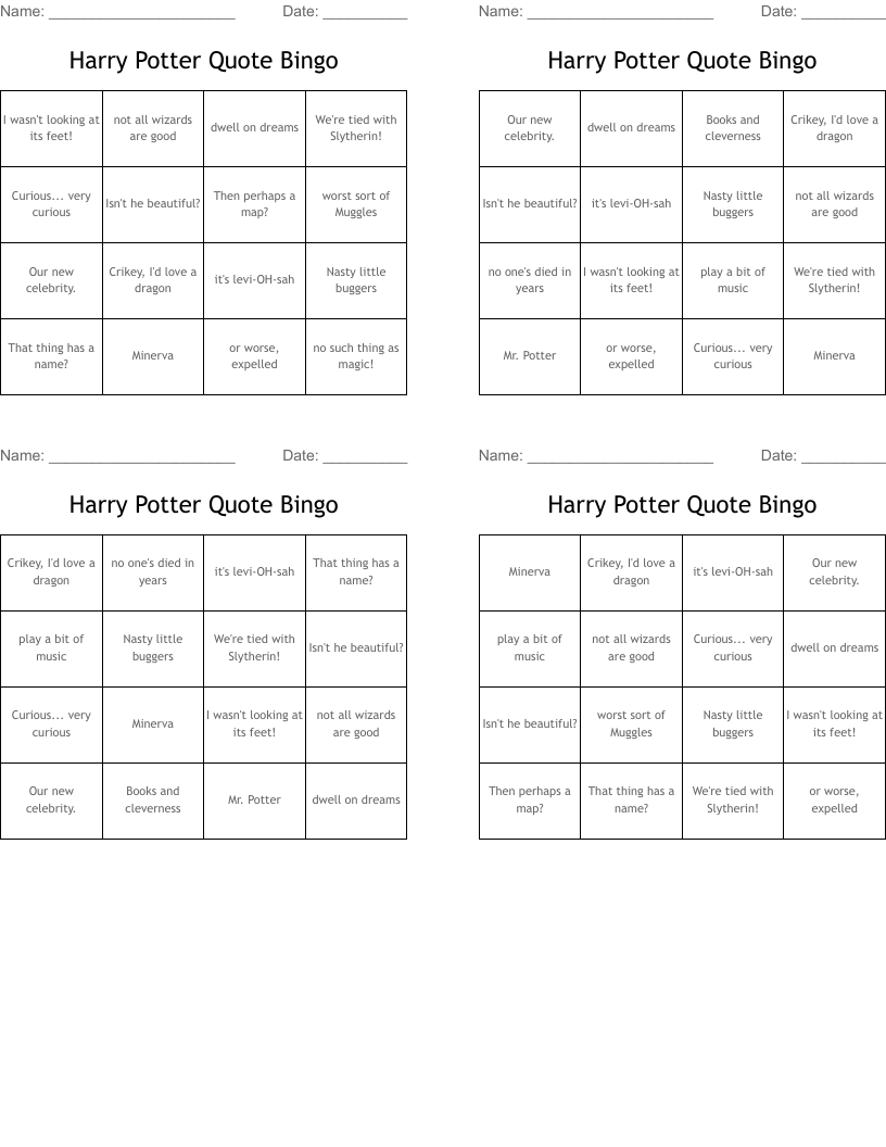Harry Potter Quote Bingo