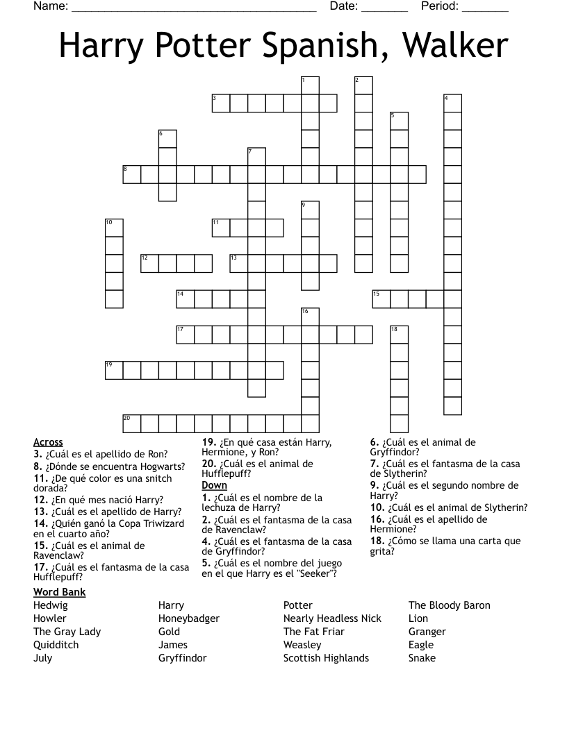 Harry Potter Spanish Walker Crossword WordMint