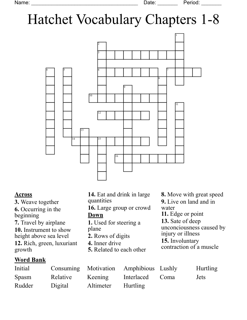 Hatchet Vocabulary Chapters 1-8  Crossword