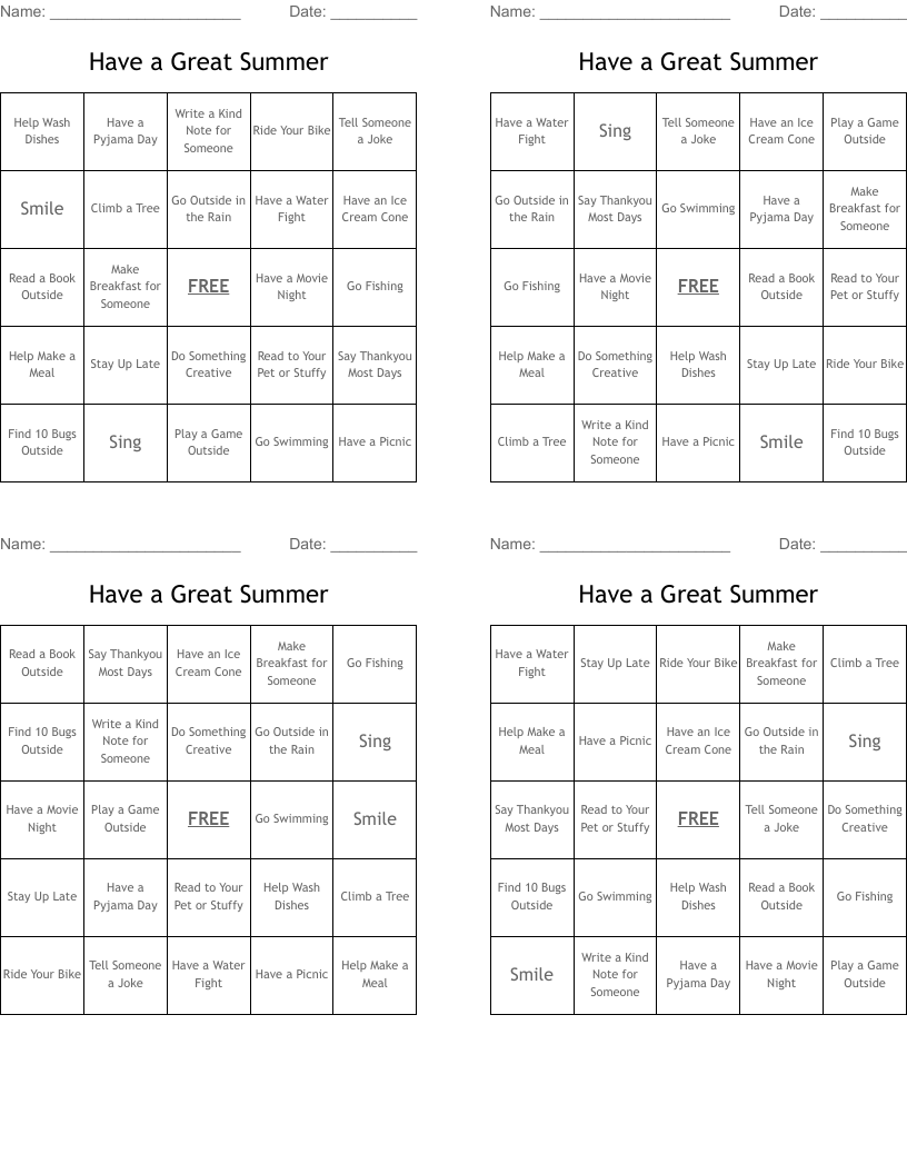 Have a Great Summer Bingo Cards