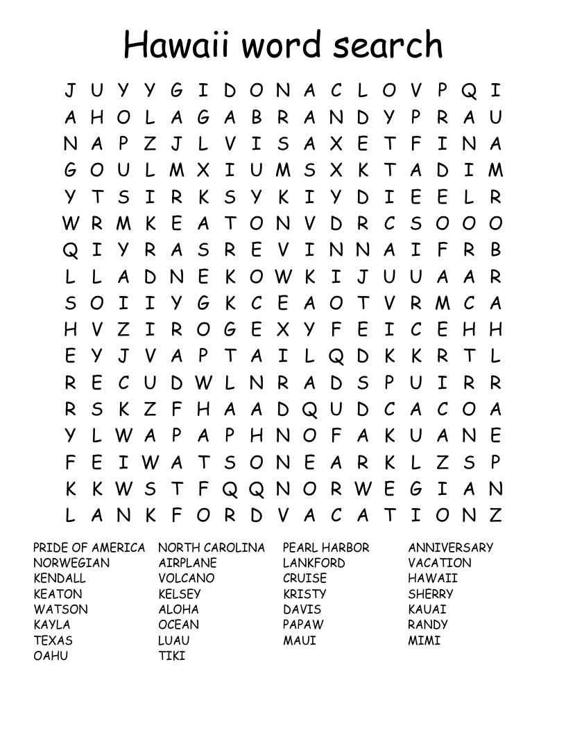 Hawaii Word Search WordMint