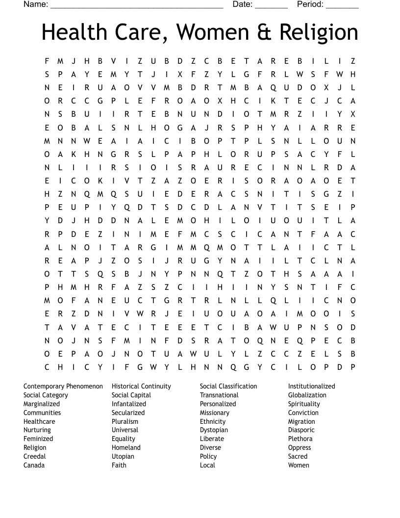 Health Care, Women & Religion Word Search