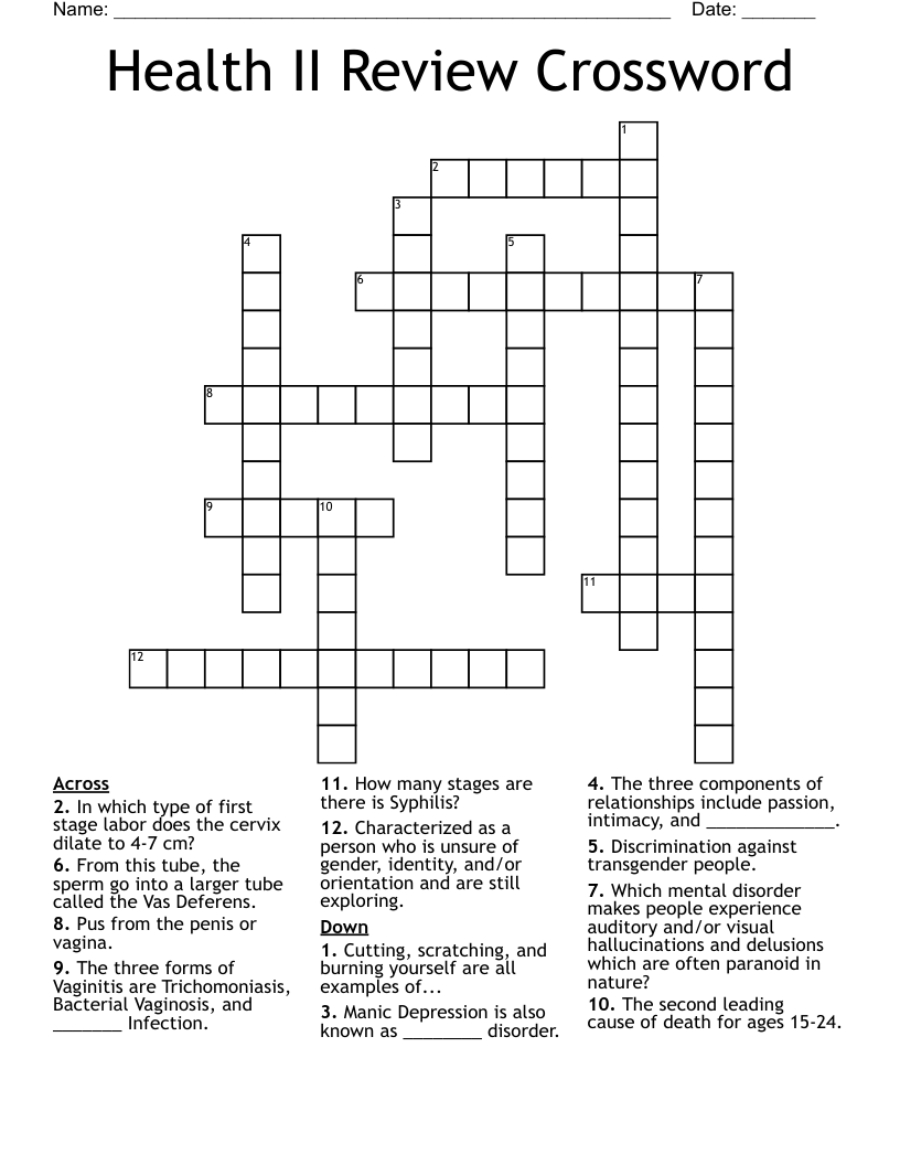 Health II Review Crossword