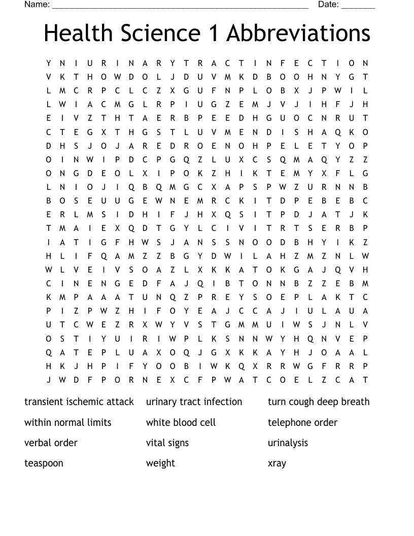 Health Science 1 Abbreviations Word Search