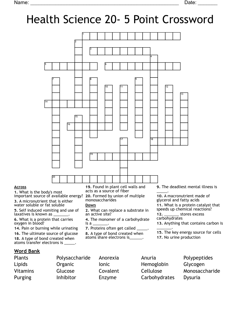 Health Science 20- 5 Point Crossword 